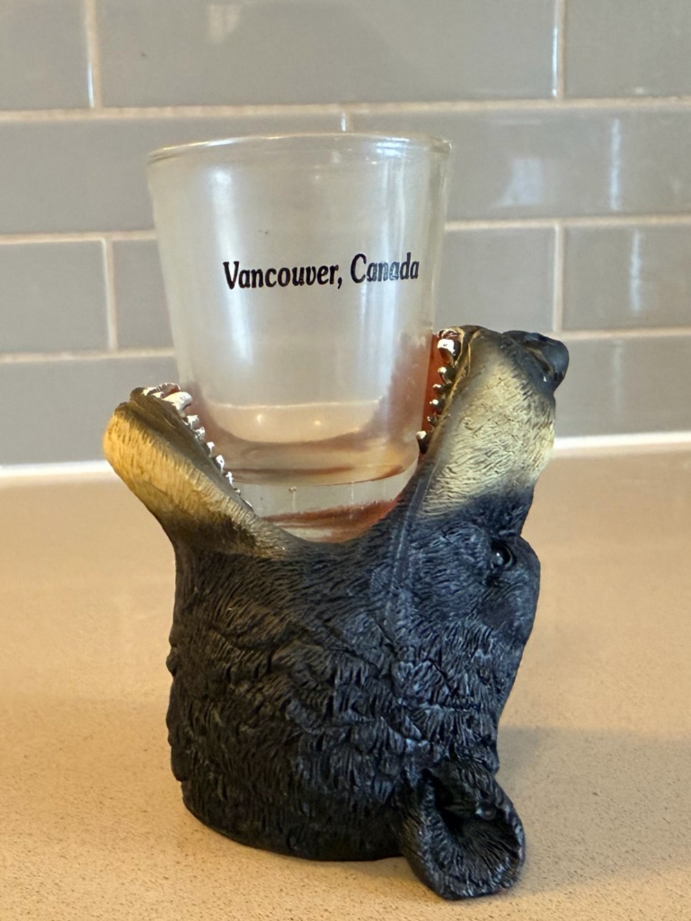 Novelty Black Bear Shot Glass Holder with Vancouver, Canada Glass